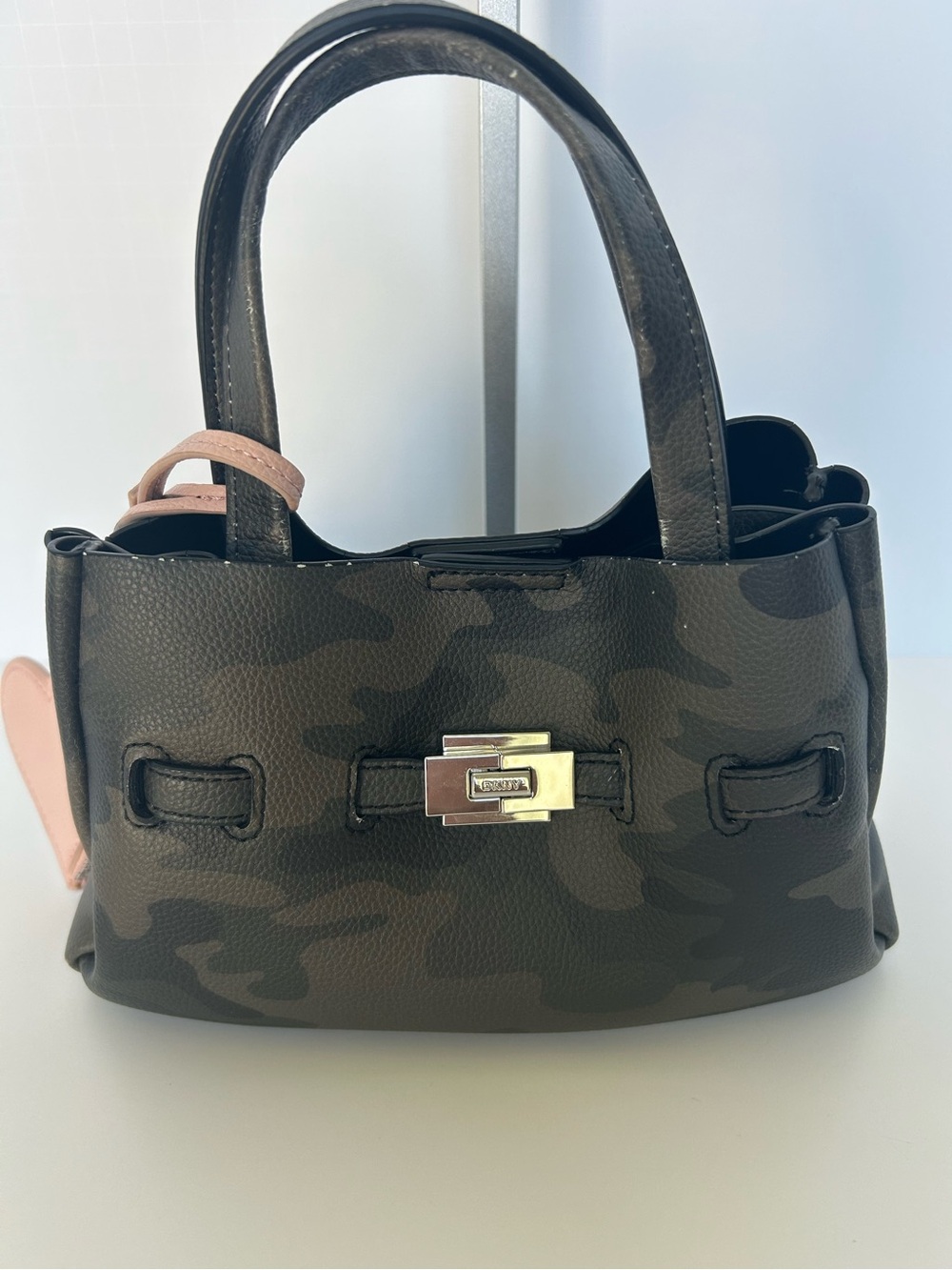 Black Camouflage Leather Tote with Silver Hardware
